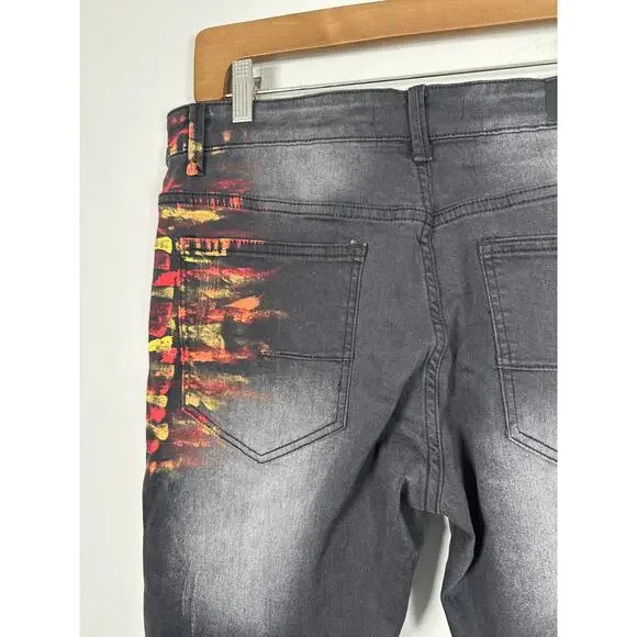 KDNK Smocked PU Jeans With Multi-Paint Splatter Mens Size 34 - Picture 6 of 11